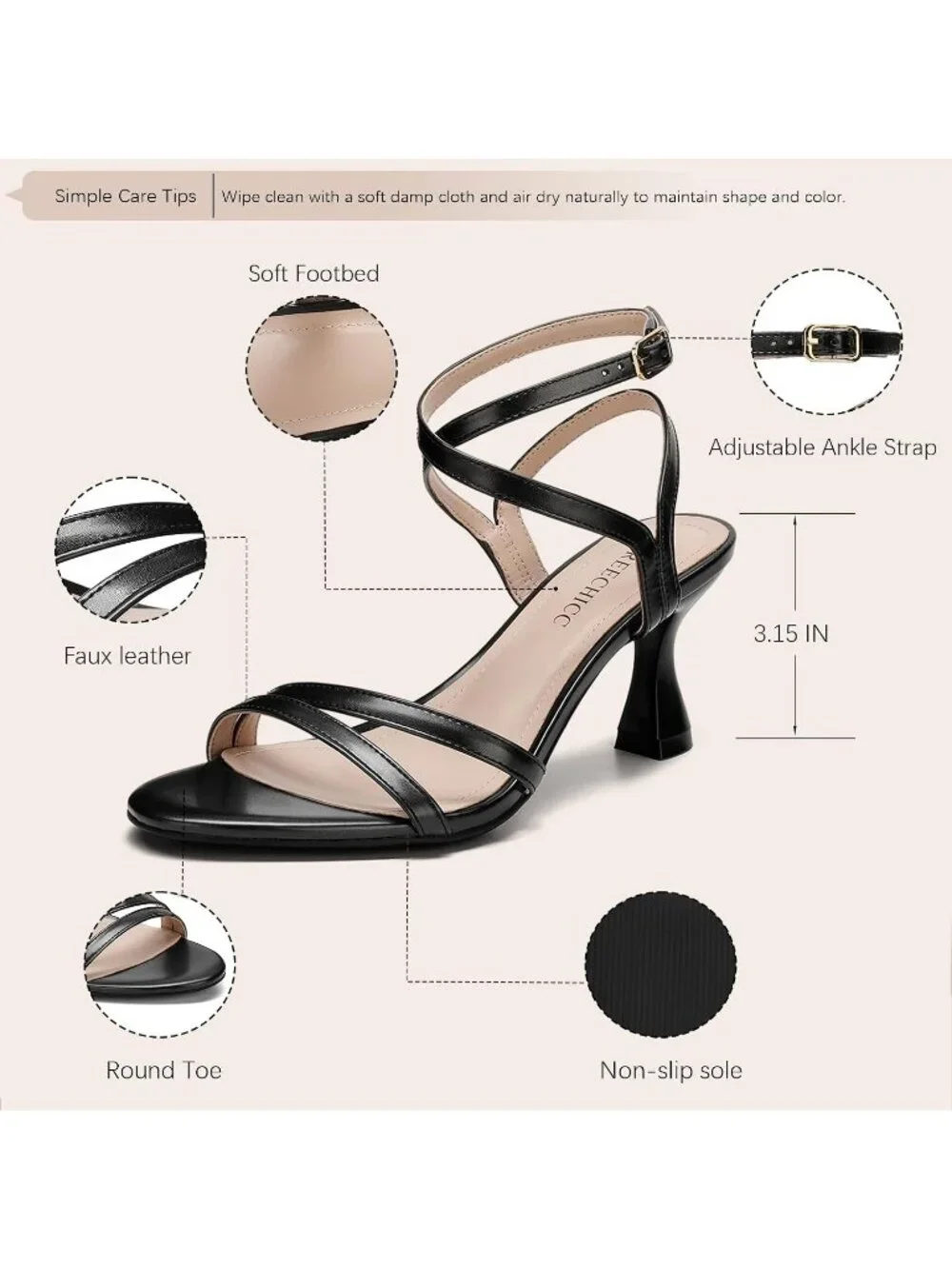 Women's Black Leather elegant Strappy Heels Sandals Open Toe Ankle Strap Shoes